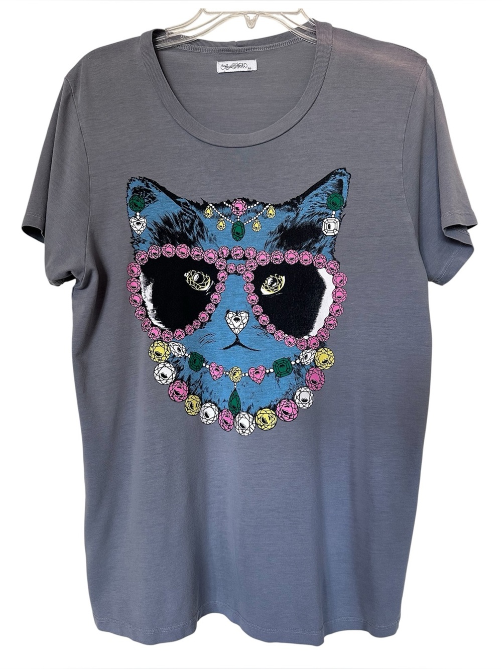 Lauren Moshi Whimsigith Cat with Sunglasses Artsy Graphic Gray Tshirt Sz XS